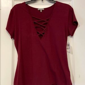 Burgundy Lace Up Short Sleeve Shirt